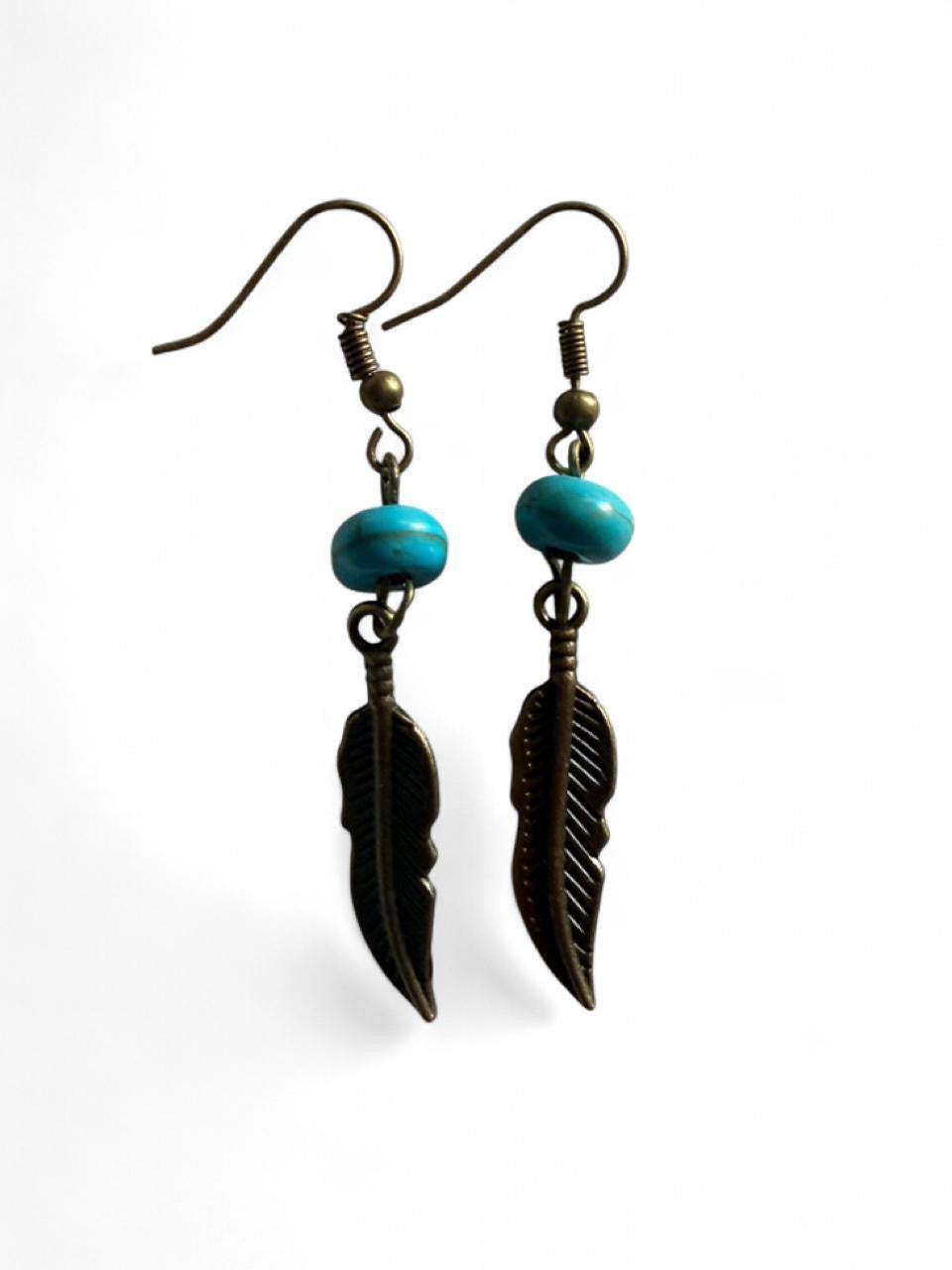 Handmade Turquoise & Bronze Feather Earrings