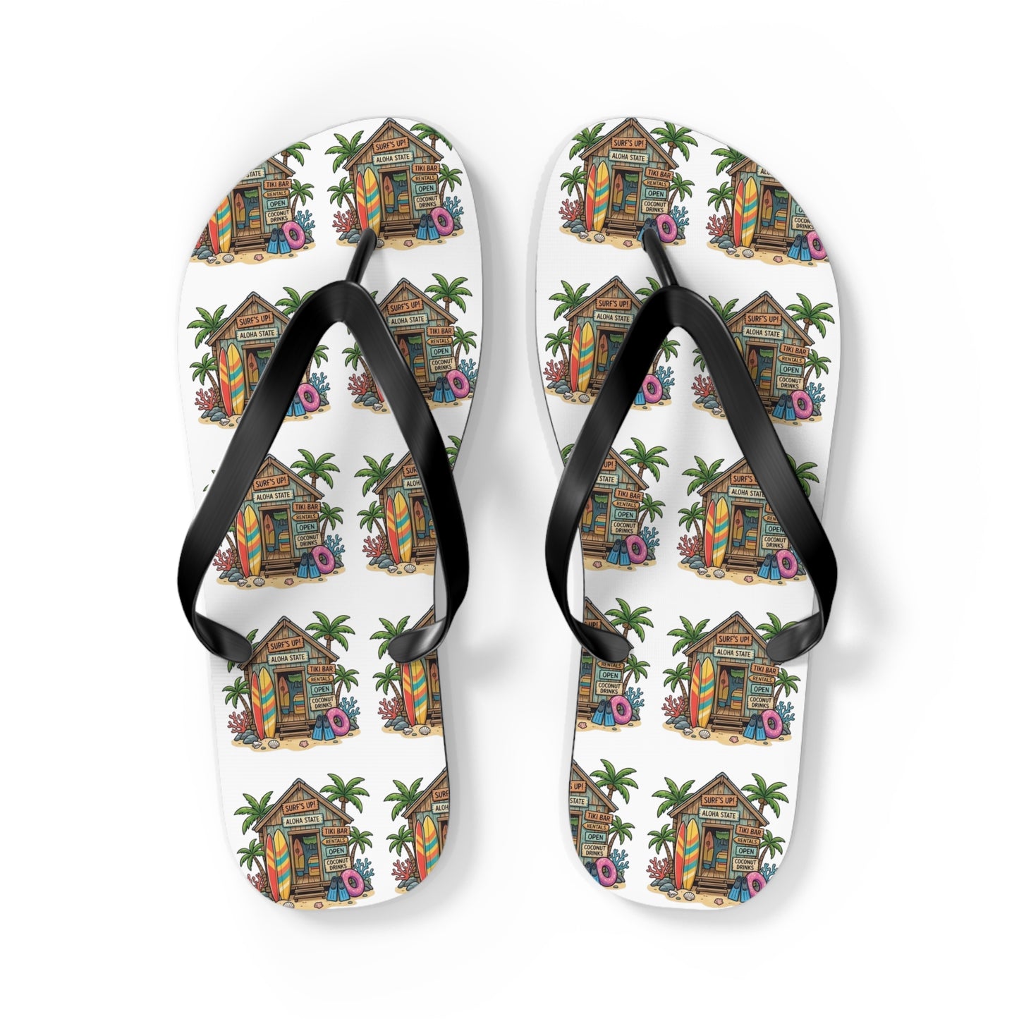 Tropical Beach Hut Flip Flops — Colorful Surfboard & Palm Pattern Summer Sandals