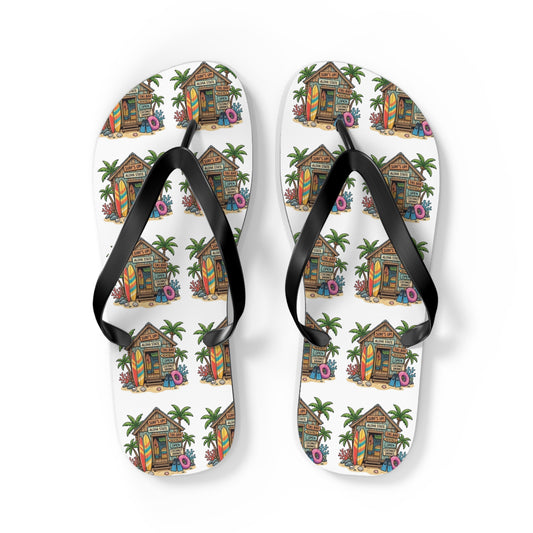Tropical Beach Hut Flip Flops — Colorful Surfboard & Palm Pattern Summer Sandals