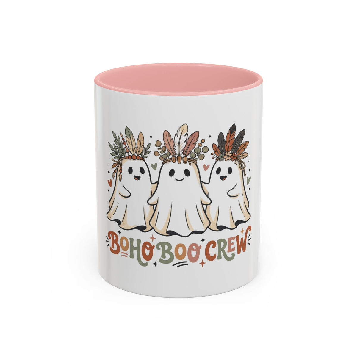 Boho Boo Crew Coffee Mug — Cute Halloween Ghosts with Feather Crowns (11/15oz)