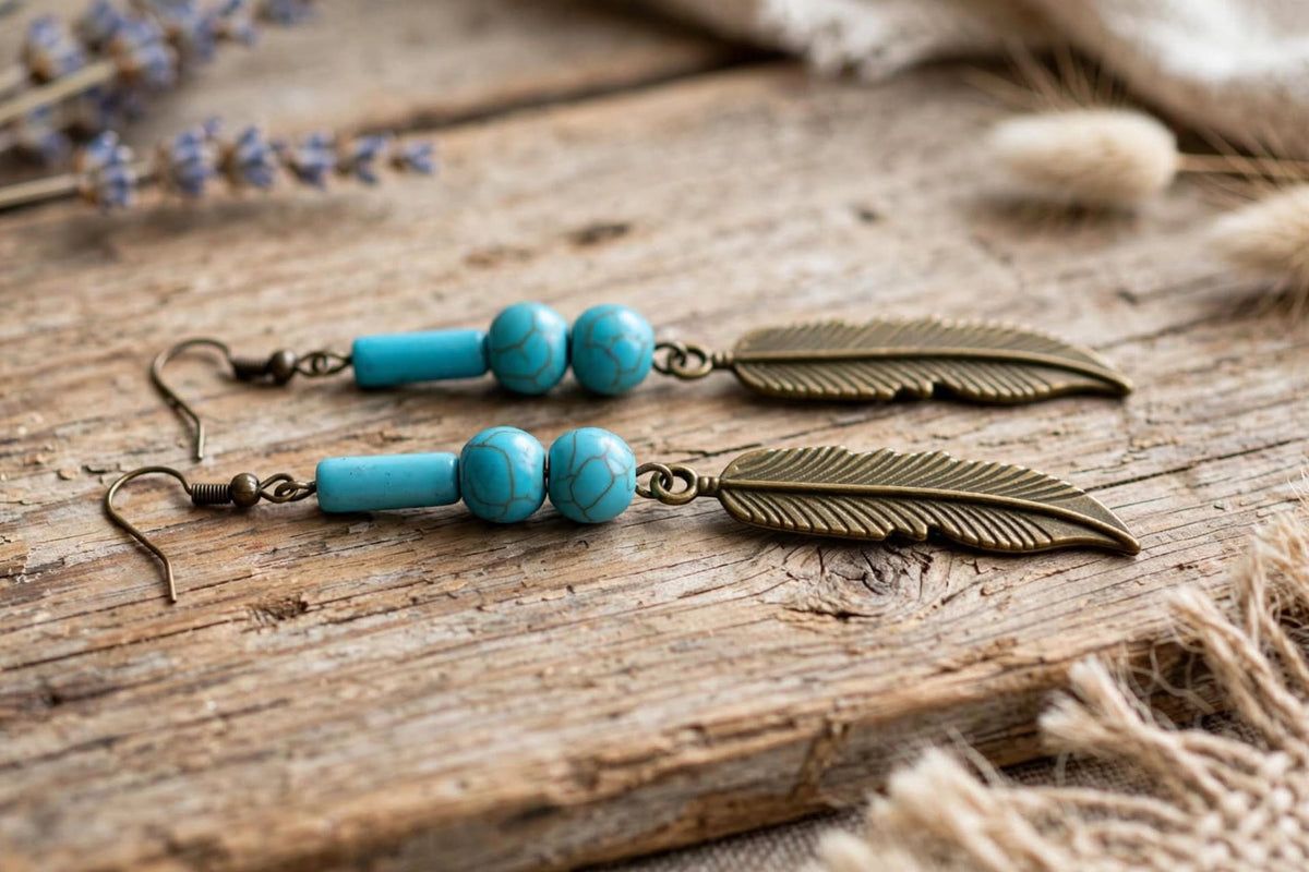 Harvest Souls Turquoise Feather Dangle Earrings