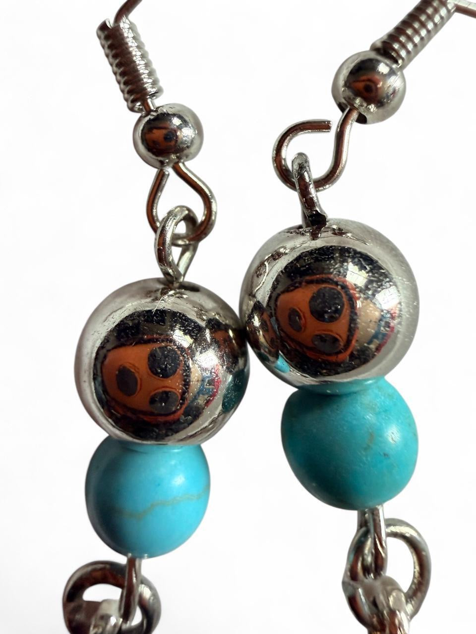 Silver Feather Turquoise Dangle Earrings - Boho Western - Handmade