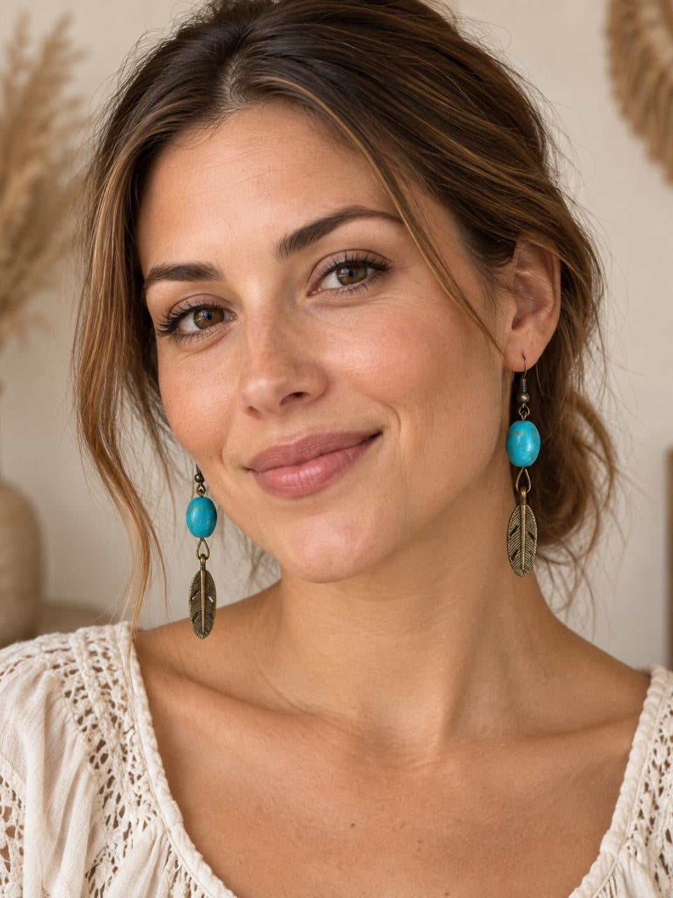 Harvest Souls Turquoise Oval Feather Earrings