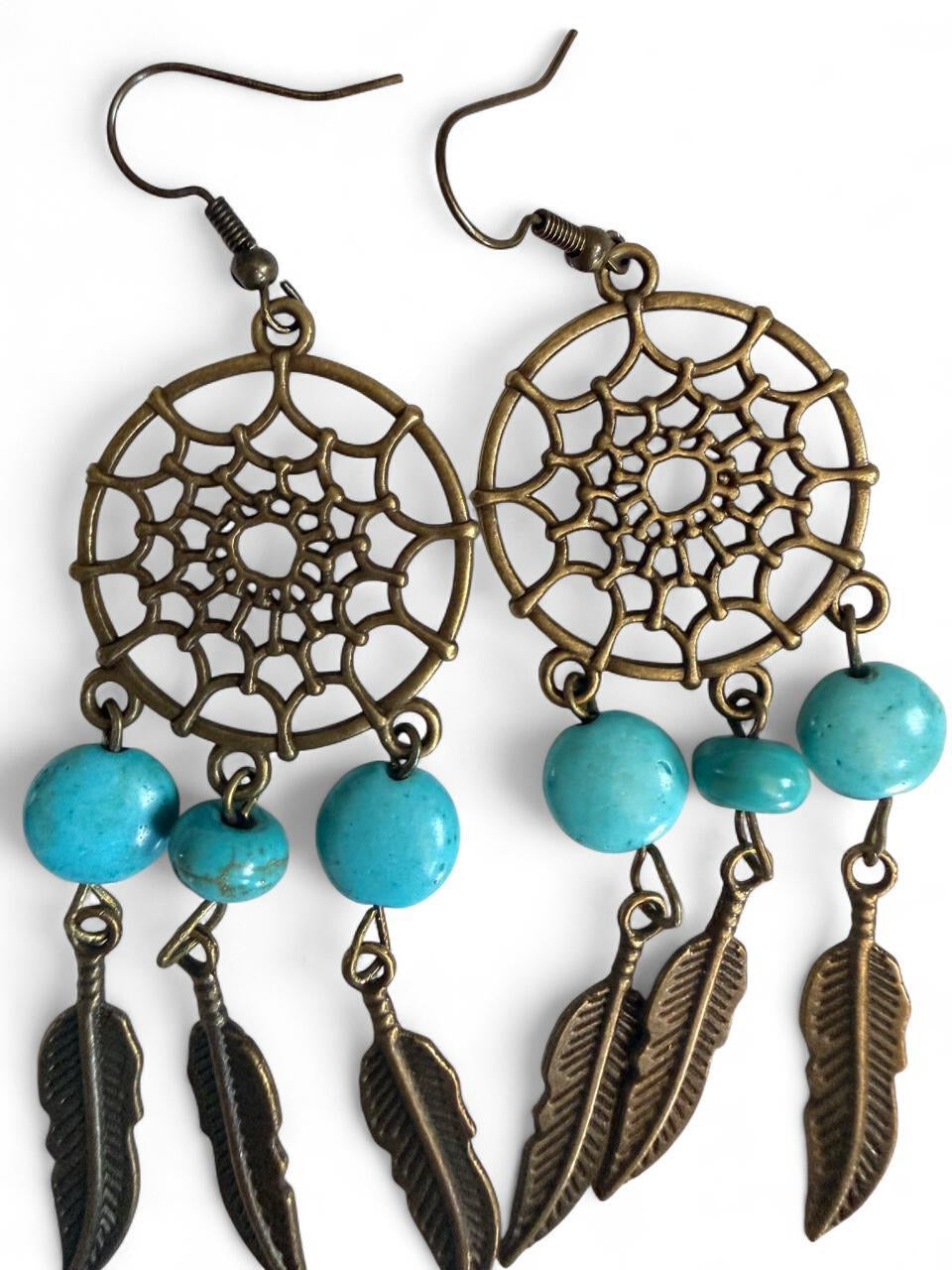 Harvest Souls – Turquoise Dreamcatcher & Feather Earrings