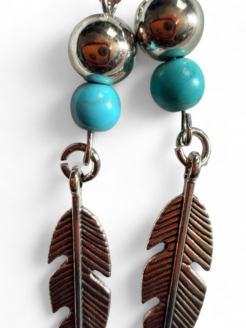 Silver Feather Turquoise Dangle Earrings - Boho Western - Handmade