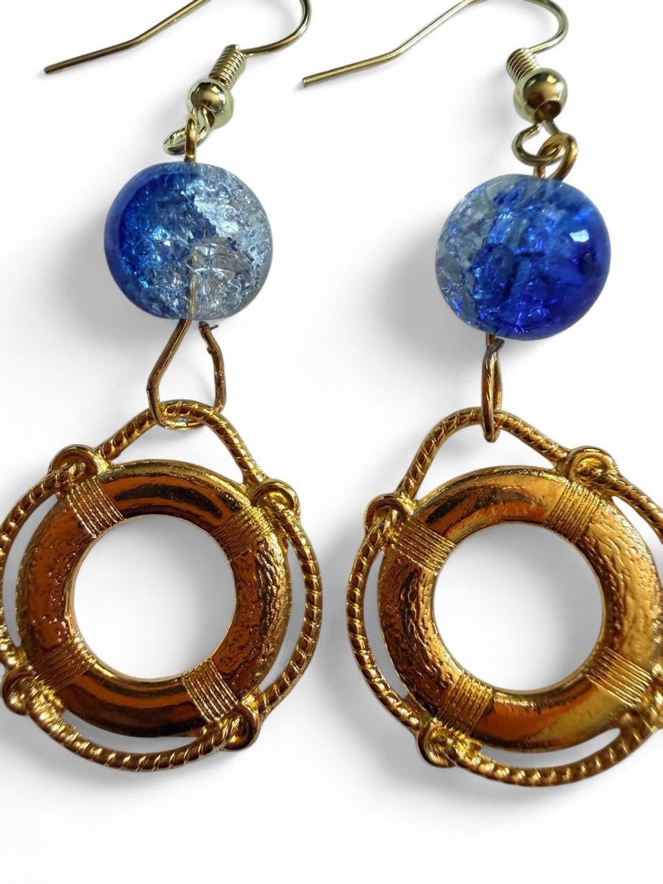 End of Summer Americana Gold Life Ring Earrings - Blue Crackle Nautical Dangle