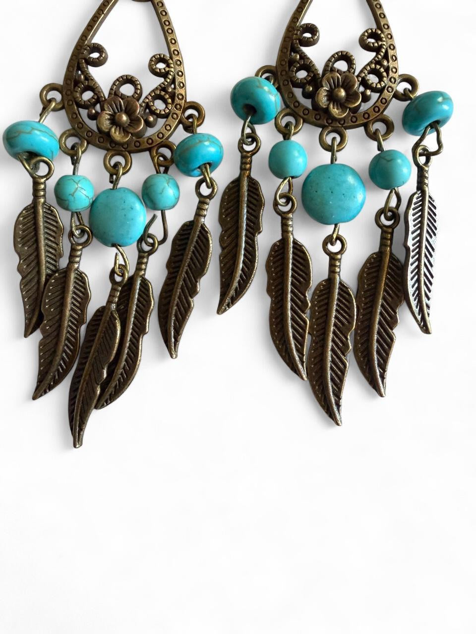 Dreamcatcher Feather Earrings - Turquoise & Antique Bronze - Handmade Boho Statement