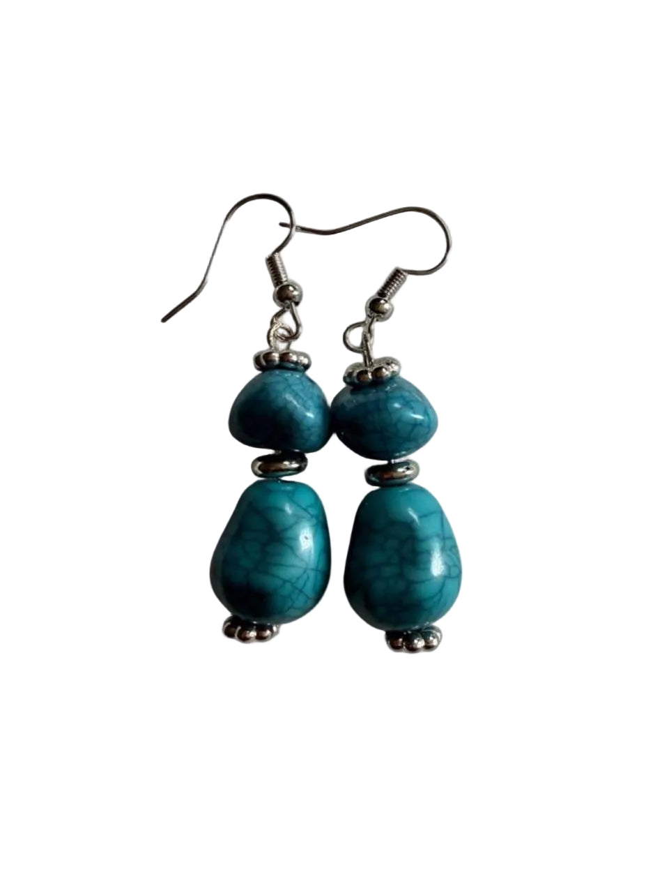 Chunky Turquoise Crackle Nugget Dangle Earrings - Boho Statement - Handmade