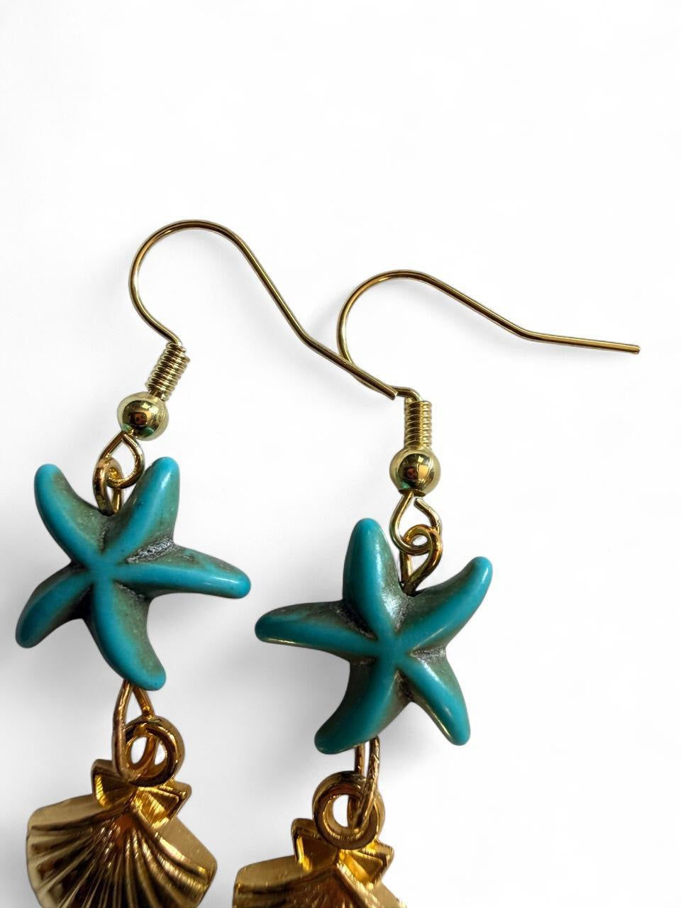 Handcrafted Turquoise Starfish & Shiny Gold Seashell Dangle Earrings
