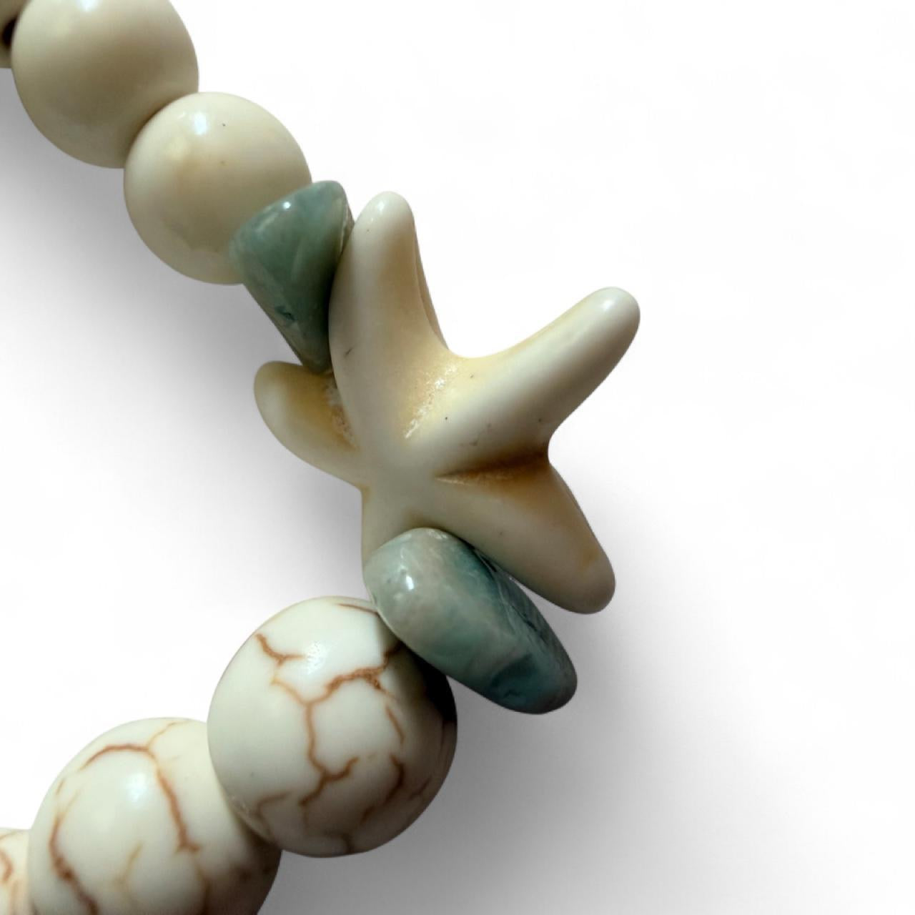 Handcrafted Cream Marbled Stone & Starfish Coastal Boho Stretch Bracelet