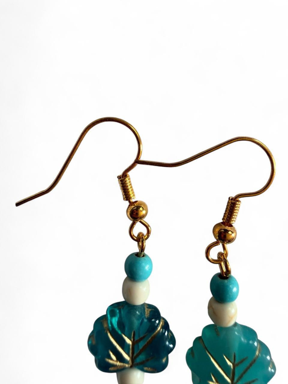 Handmade Turquoise & White Leaf Beaded Dangle Earrings