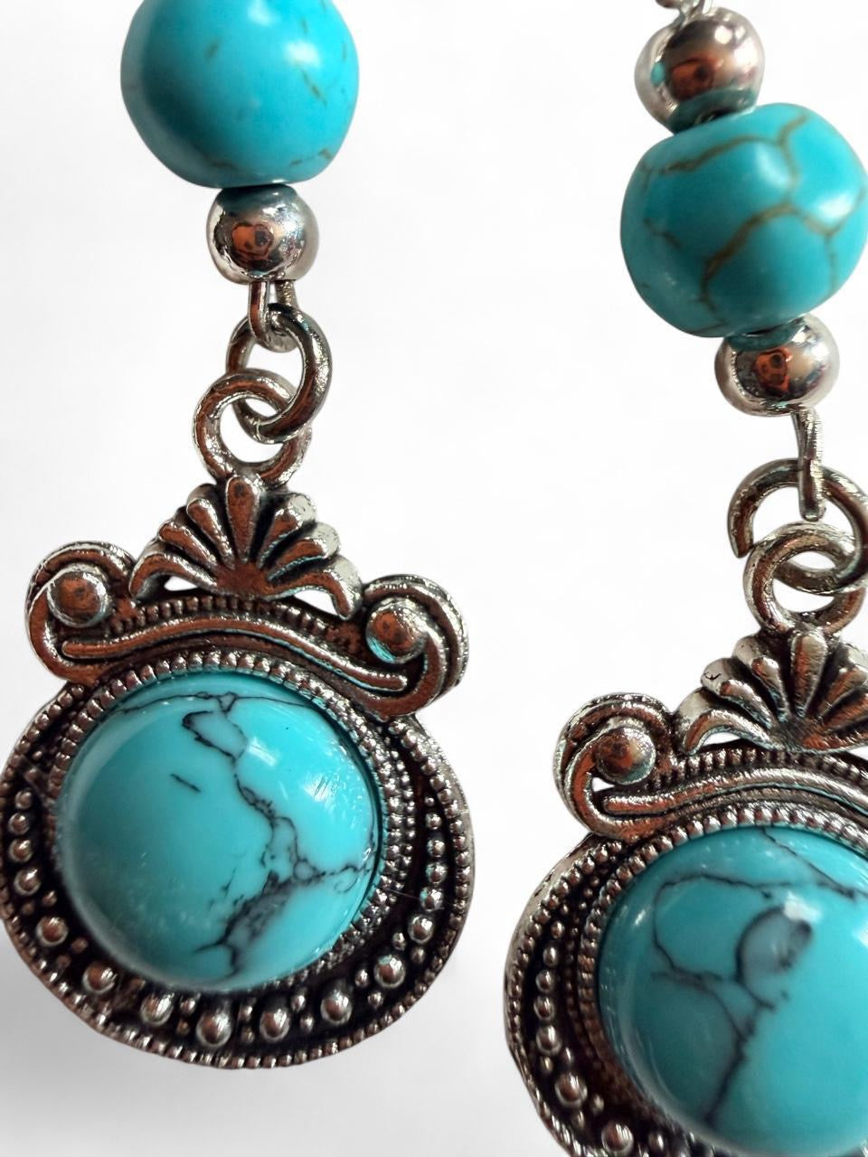 Boho Turquoise Dangle Earrings | Ornate Silver Frame Western Style