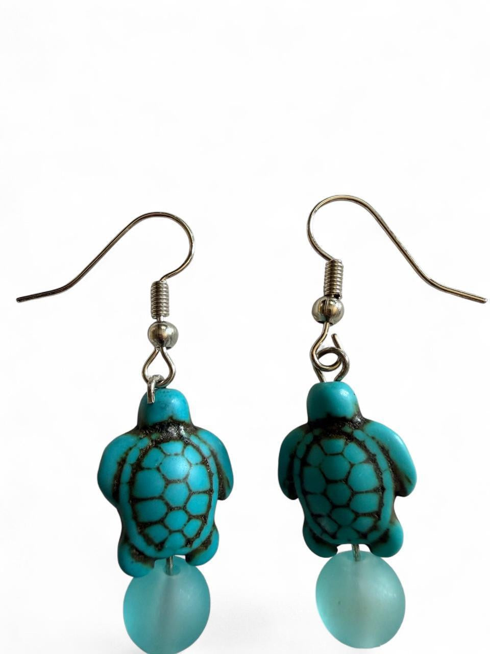 Handcrafted Turquoise Sea Turtle & Seashell Dangle Earrings