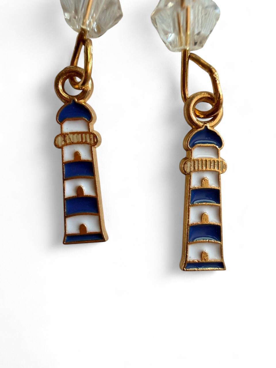 End of Summer Americana Lighthouse Earrings - Blue and White Nautical Dangle