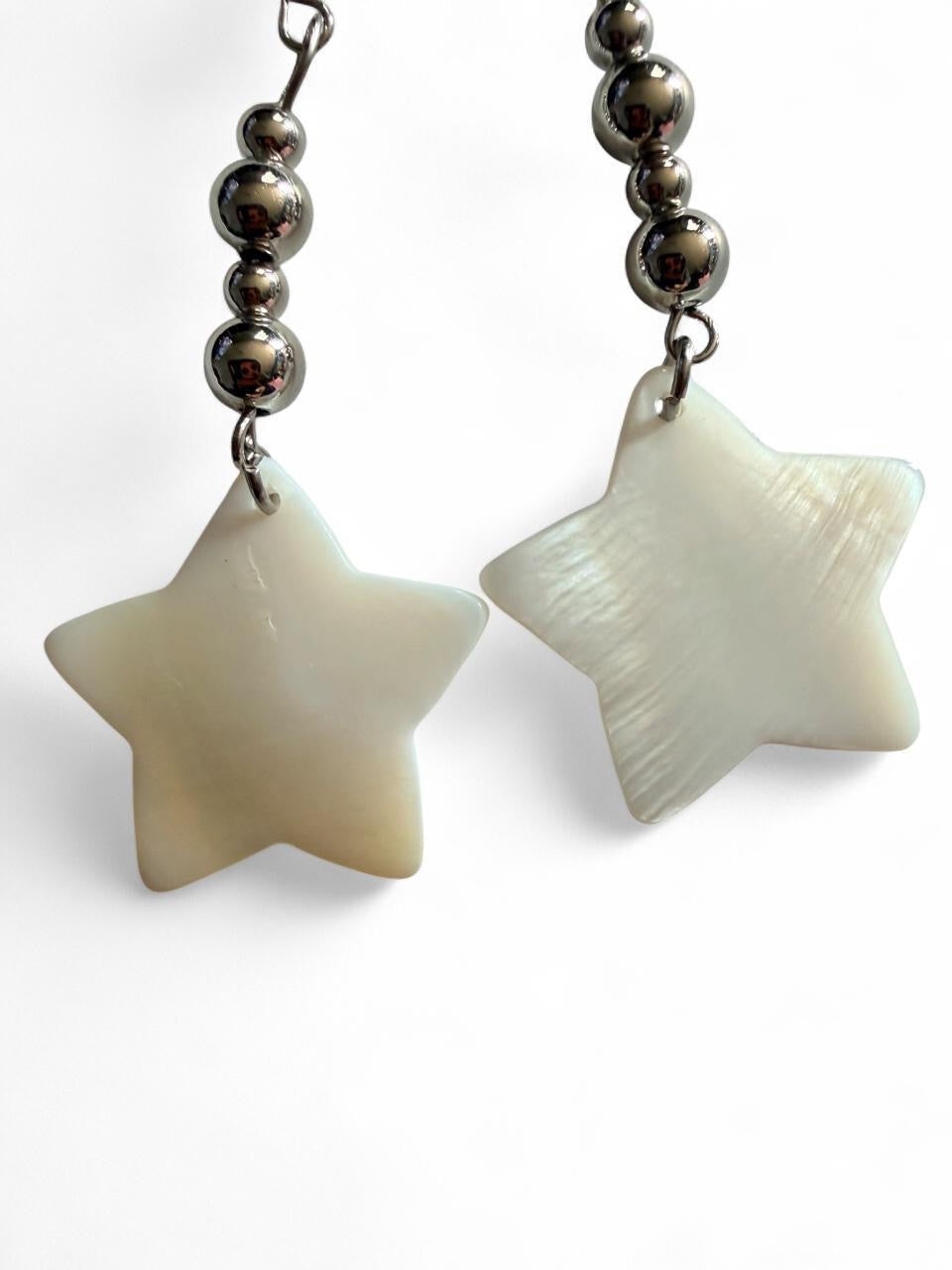 Handcrafted Mother of Pearl Style Star & Gunmetal Beaded Dangle Earrings