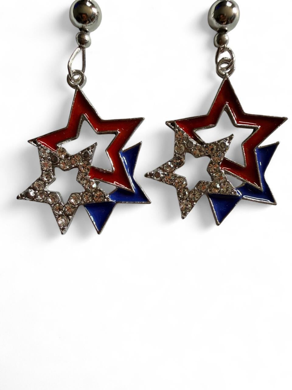 Handmade Patriotic Interlocking Rhinestone Star Earrings | Red White & Blue Statement Drops