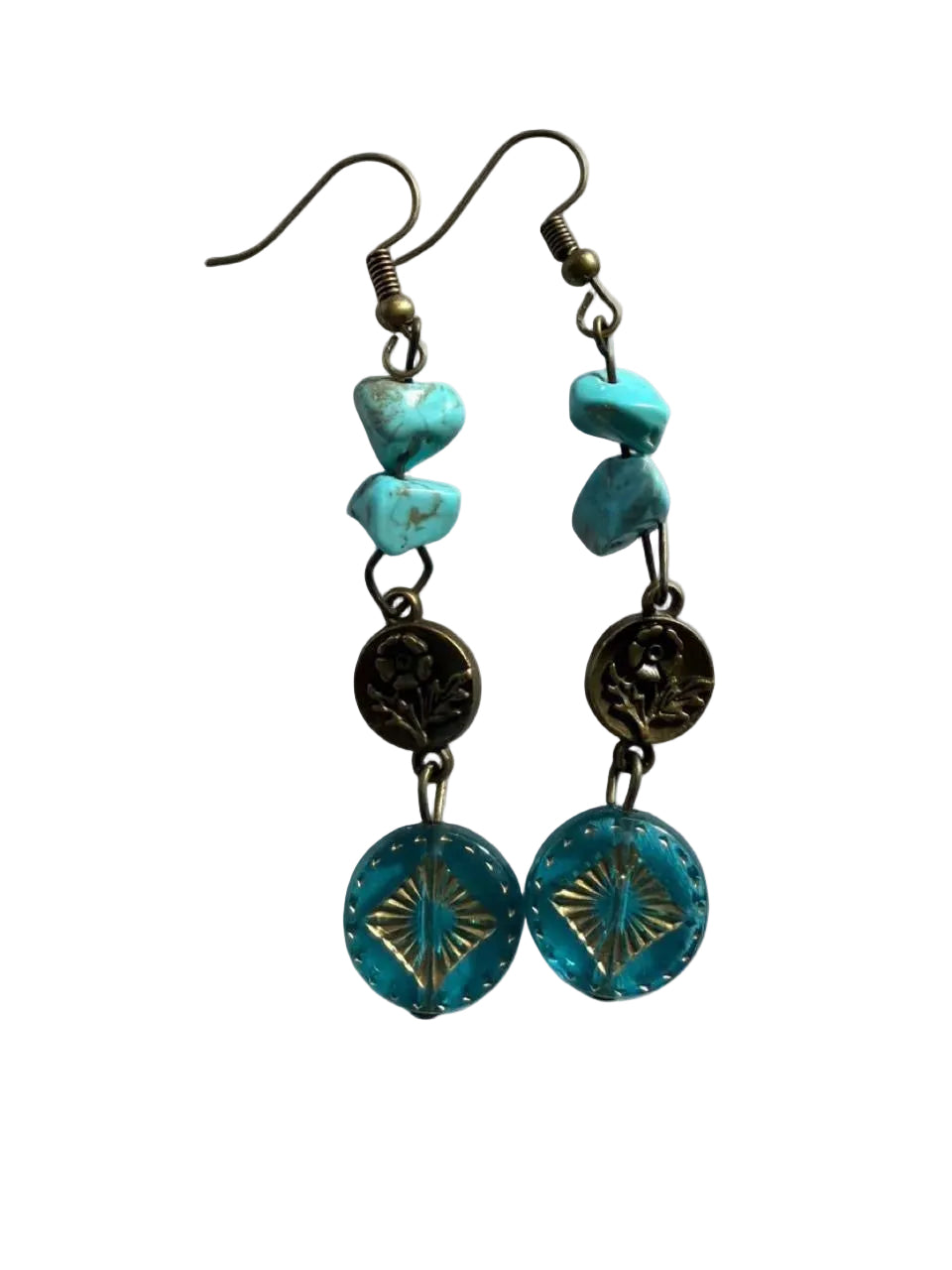 Handmade Turquoise Howlite & Brass Flower Coin Drop Earrings