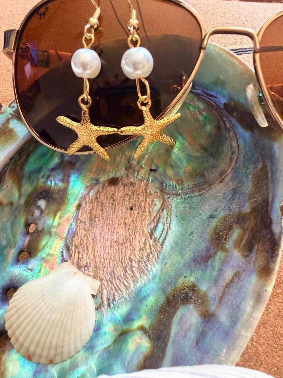 Handcrafted Gold Starfish & Pearl Style Dangle Earrings