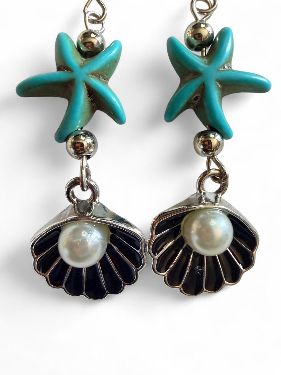 Handcrafted Turquoise Sea Turtle & Seashell Dangle Earrings