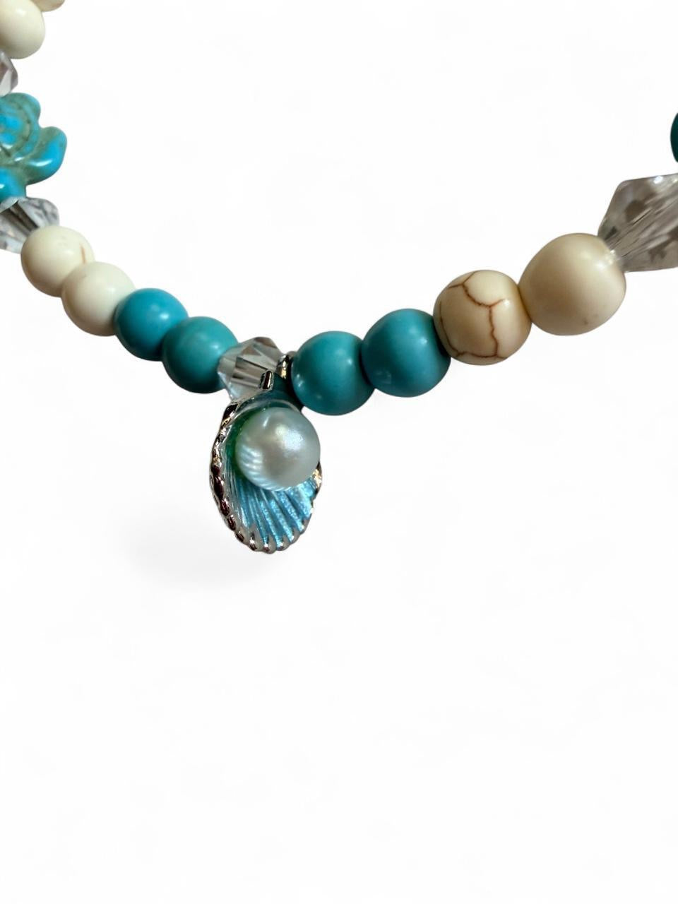 Handcrafted Turquoise Sea Turtle & Pearl Seashell Coastal Anklet