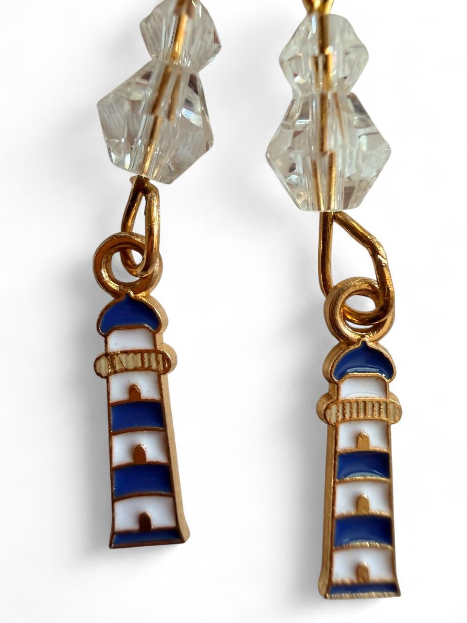 End of Summer Americana Lighthouse Earrings - Blue and White Nautical Dangle