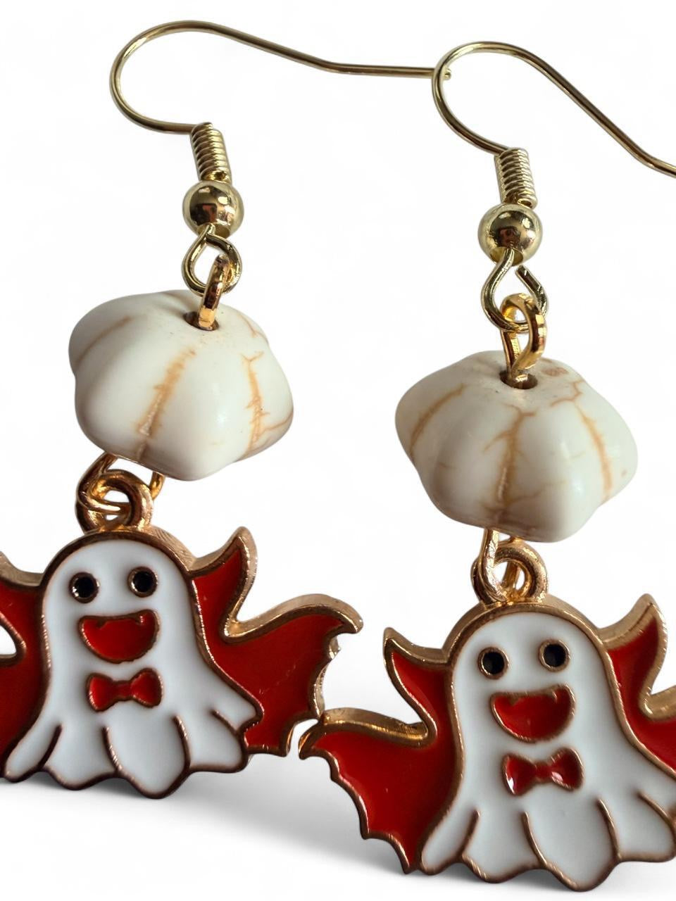 Boo-tiful Ghost Bat Earrings | Cute Halloween Ghost Dangle Earrings | White & Red Enamel Earrings | Boo-tiful Souls Collection