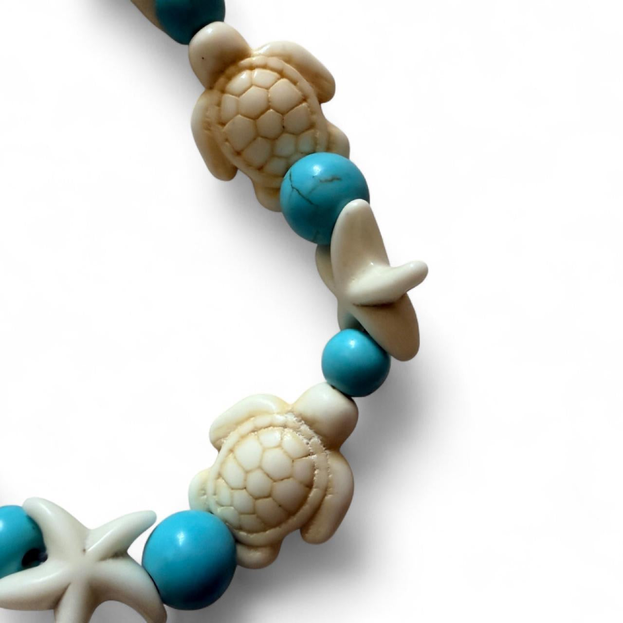 Handcrafted Turquoise Beaded Sea Turtle & Starfish Coastal Anklet