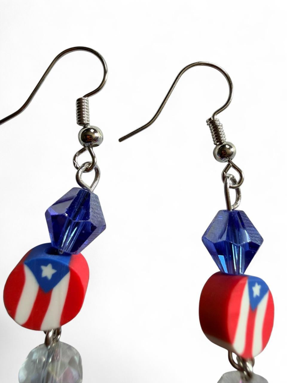 Handmade Patriotic Stacked American Flag Earrings | Tiered Red White & Blue Crystal Drops