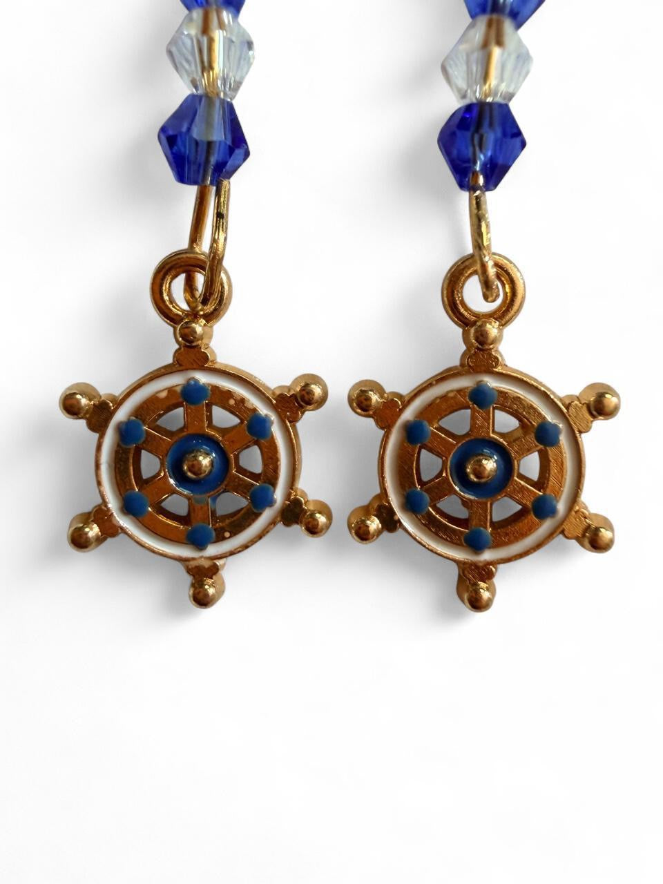 End of Summer Americana Ship Wheel Earrings - Blue and White Nautical Dangle