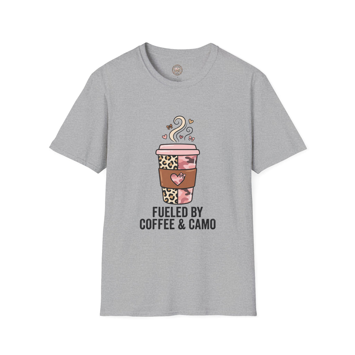 Fueled by Coffee & Camo T-Shirt — Cute Leopard Travel Coffee Cup Tee