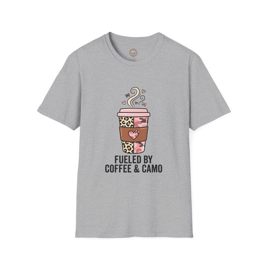 Fueled by Coffee & Camo T-Shirt — Cute Leopard Travel Coffee Cup Tee