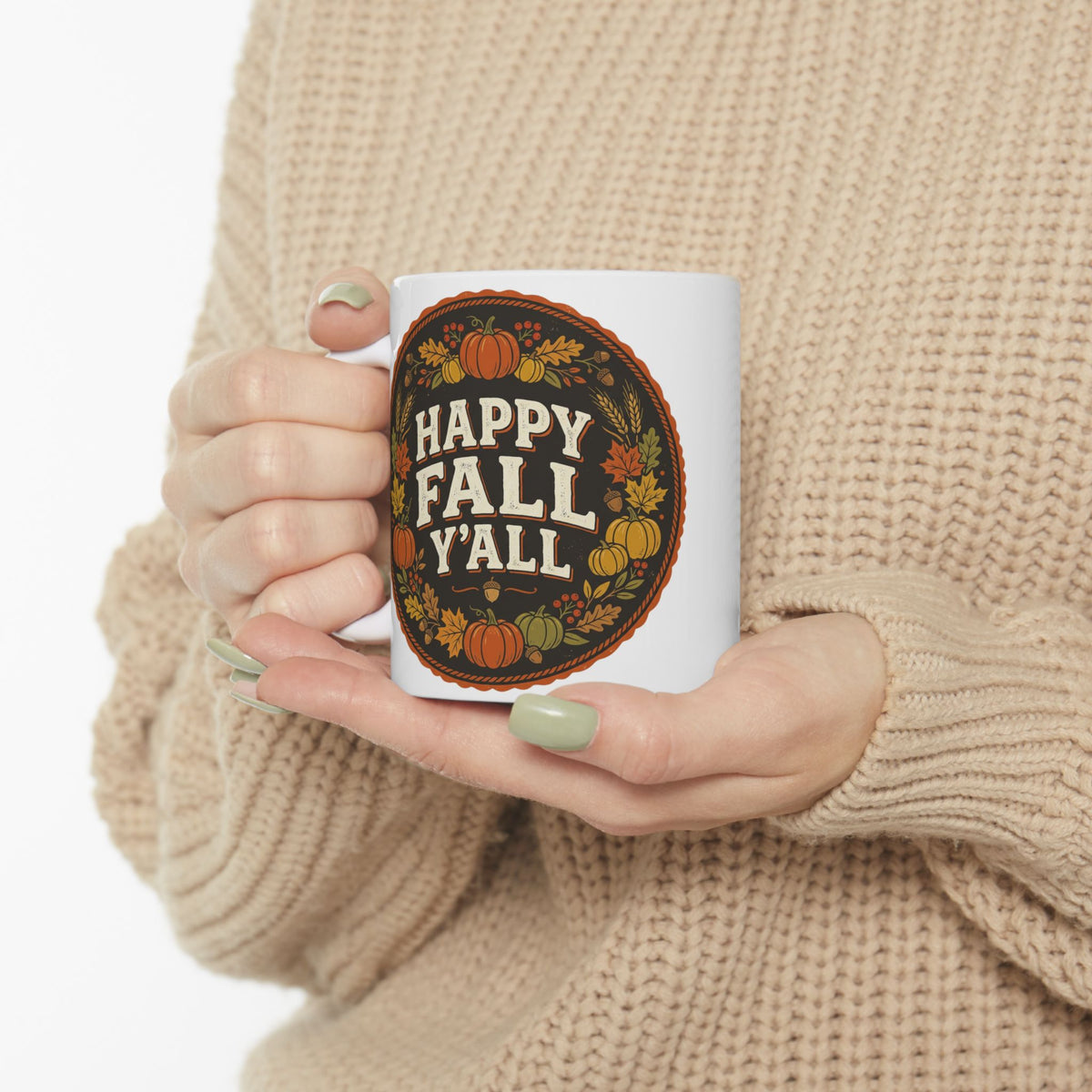 Happy Fall Y'all Ceramic Mug — Autumn Pumpkin & Leaves Coffee Cup (11oz, 15oz)
