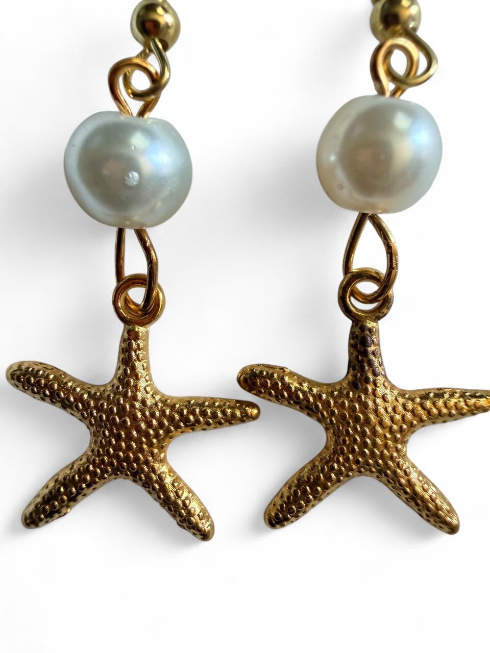 Handcrafted Gold Starfish & Pearl Style Dangle Earrings