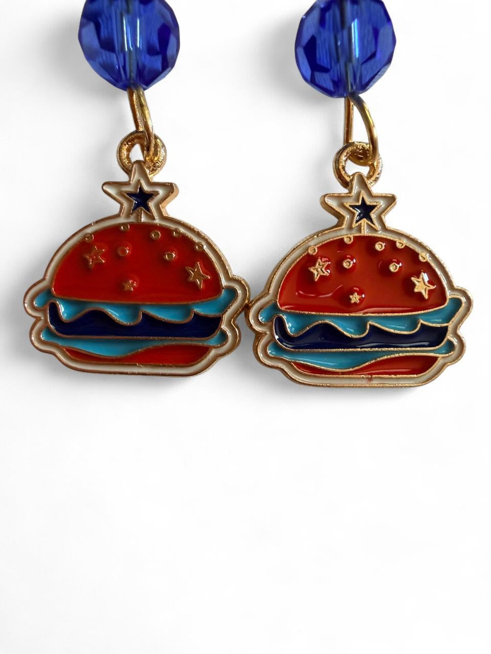 End of Summer Americana Hamburger Earrings - Patriotic Star Burger Dangle