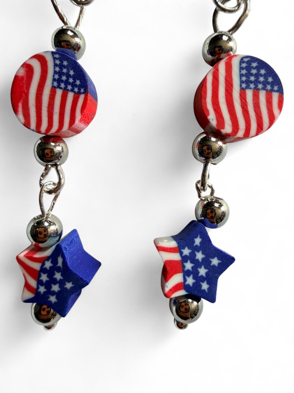 Handmade Patriotic Stacked Flag Bead Dangle Earrings | Red White & Blue Star Drops