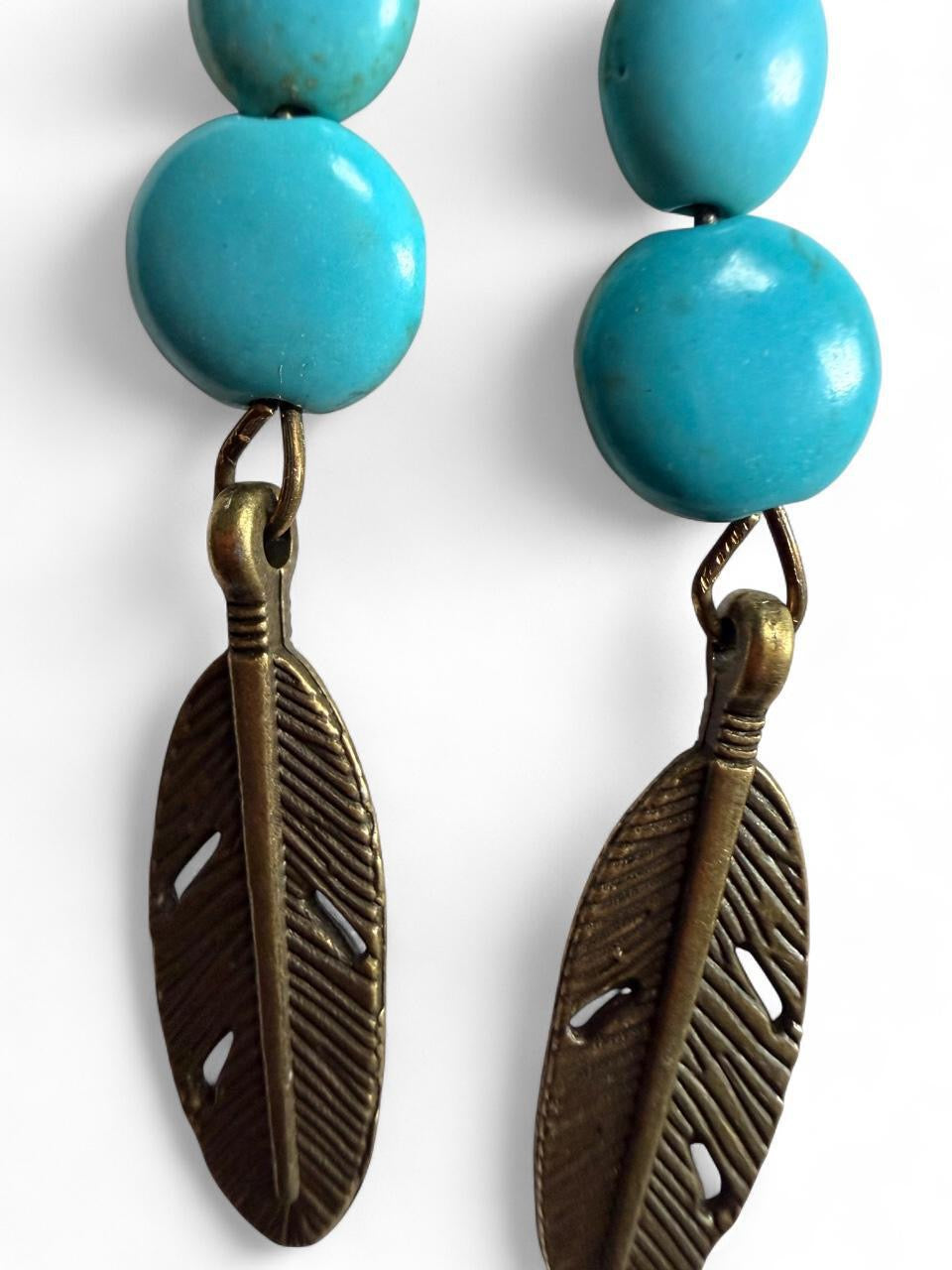Handmade Turquoise Bead & Feather Dangle Earrings