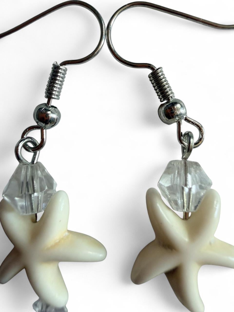 Handcrafted White Starfish & Shimmering Crystal Style Dangle Earrings