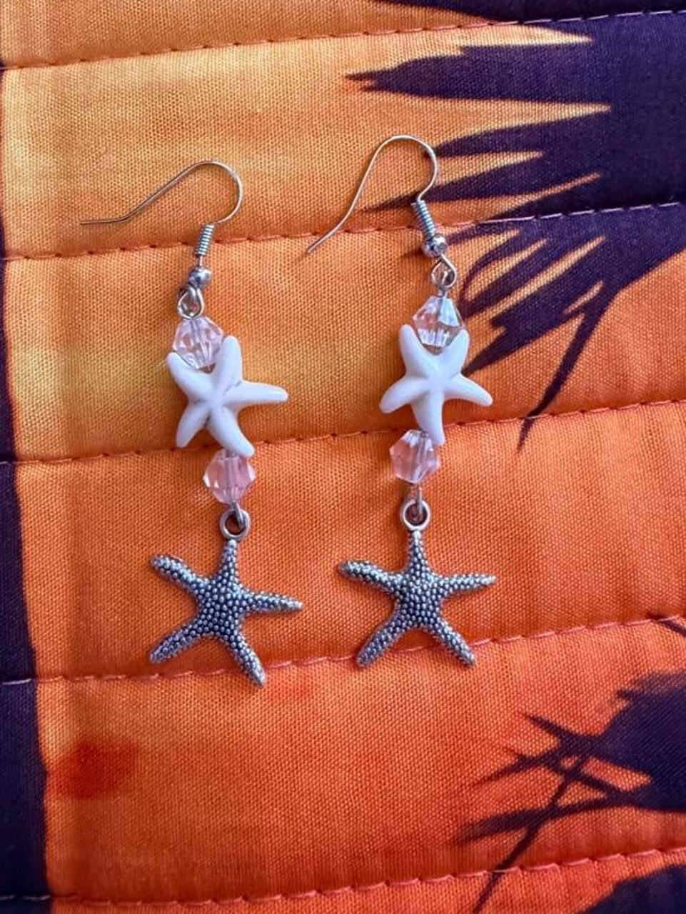 Handcrafted White Starfish & Shimmering Crystal Style Dangle Earrings