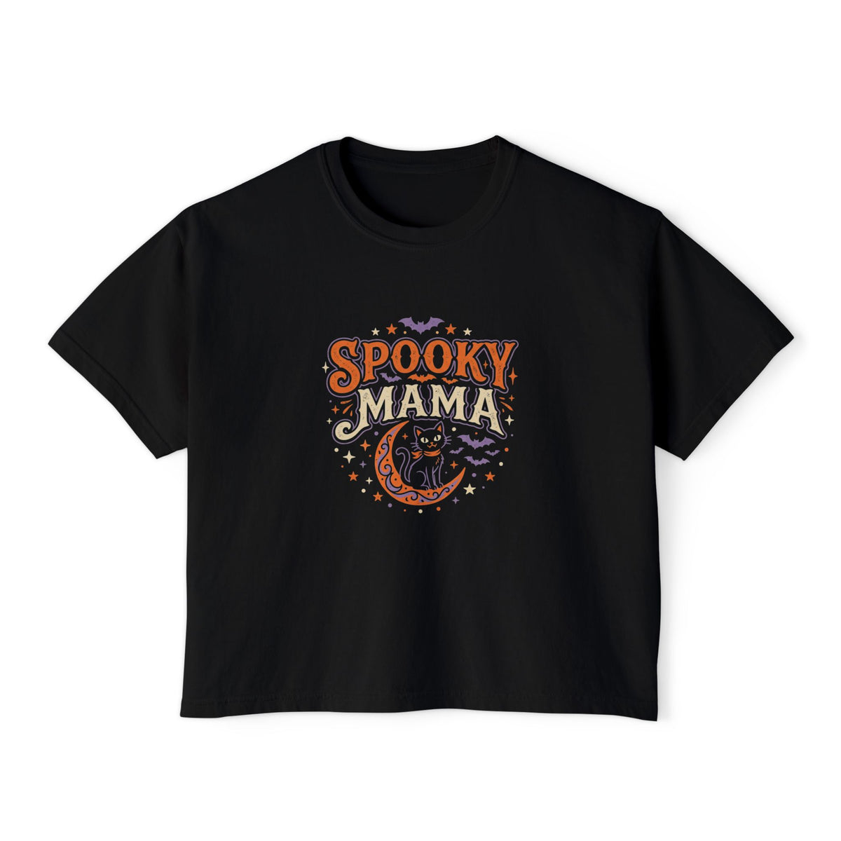 Spooky Mama Boxy Tee — Halloween Moon & Bats Graphic