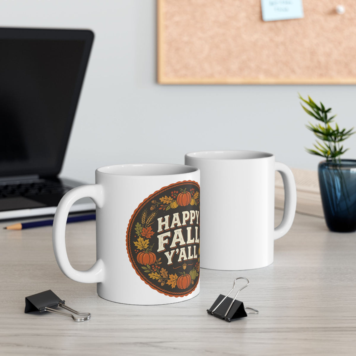 Happy Fall Y'all Ceramic Mug — Autumn Pumpkin & Leaves Coffee Cup (11oz, 15oz)