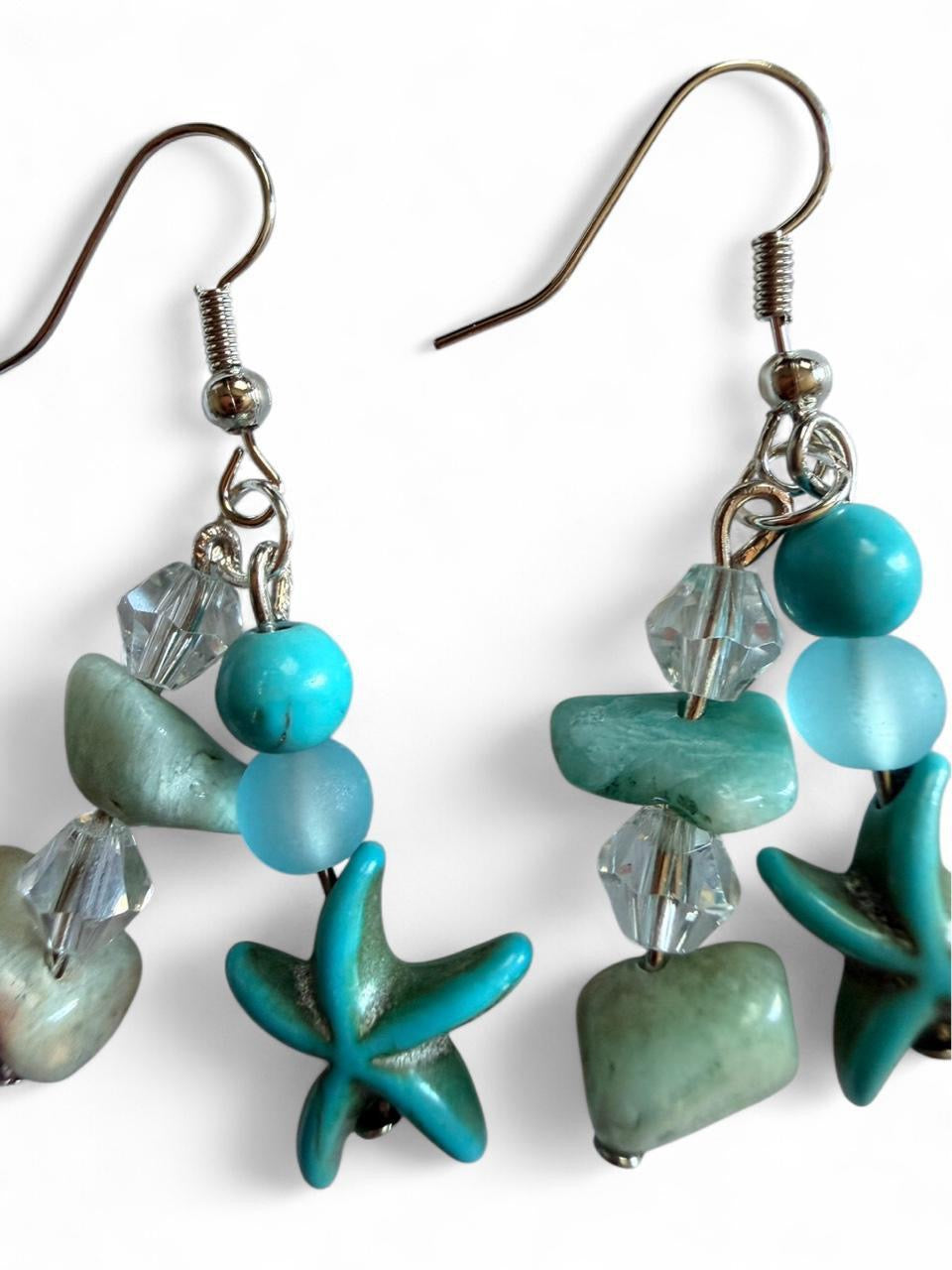 Handcrafted Turquoise Starfish & Natural Sea Stone Chandelier Dangle Earrings