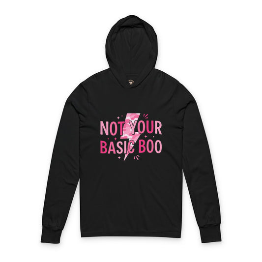 Hooded Long Sleeve Tee — "Not Your Basic Boo" Pink Lightning Graphic