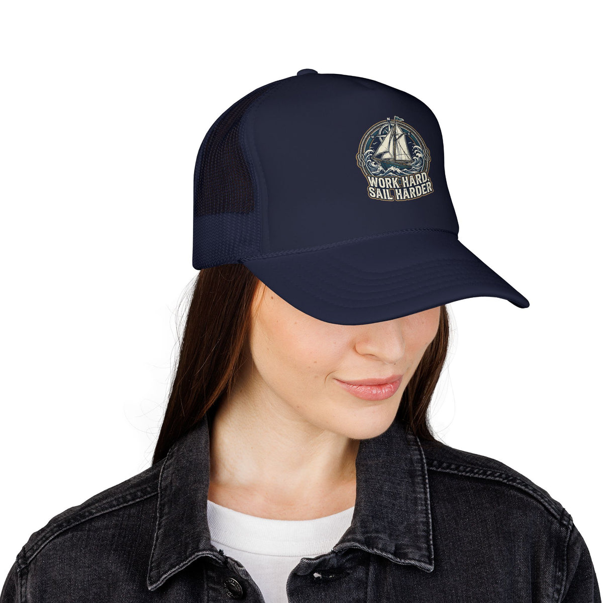 Trucker Hat — 'Work Hard Sail Harder' Vintage Sailboat Mesh Cap