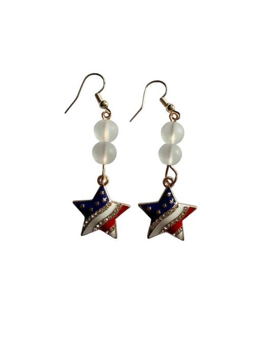 Handmade Patriotic Rhinestone Flag Star Earrings | Frosted Glass Bead Americana Drops