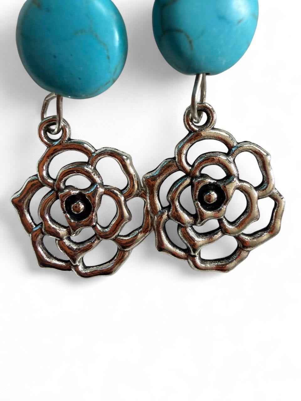 Handmade Turquoise Style Bead Flower Drop Earrings in Antique Silver