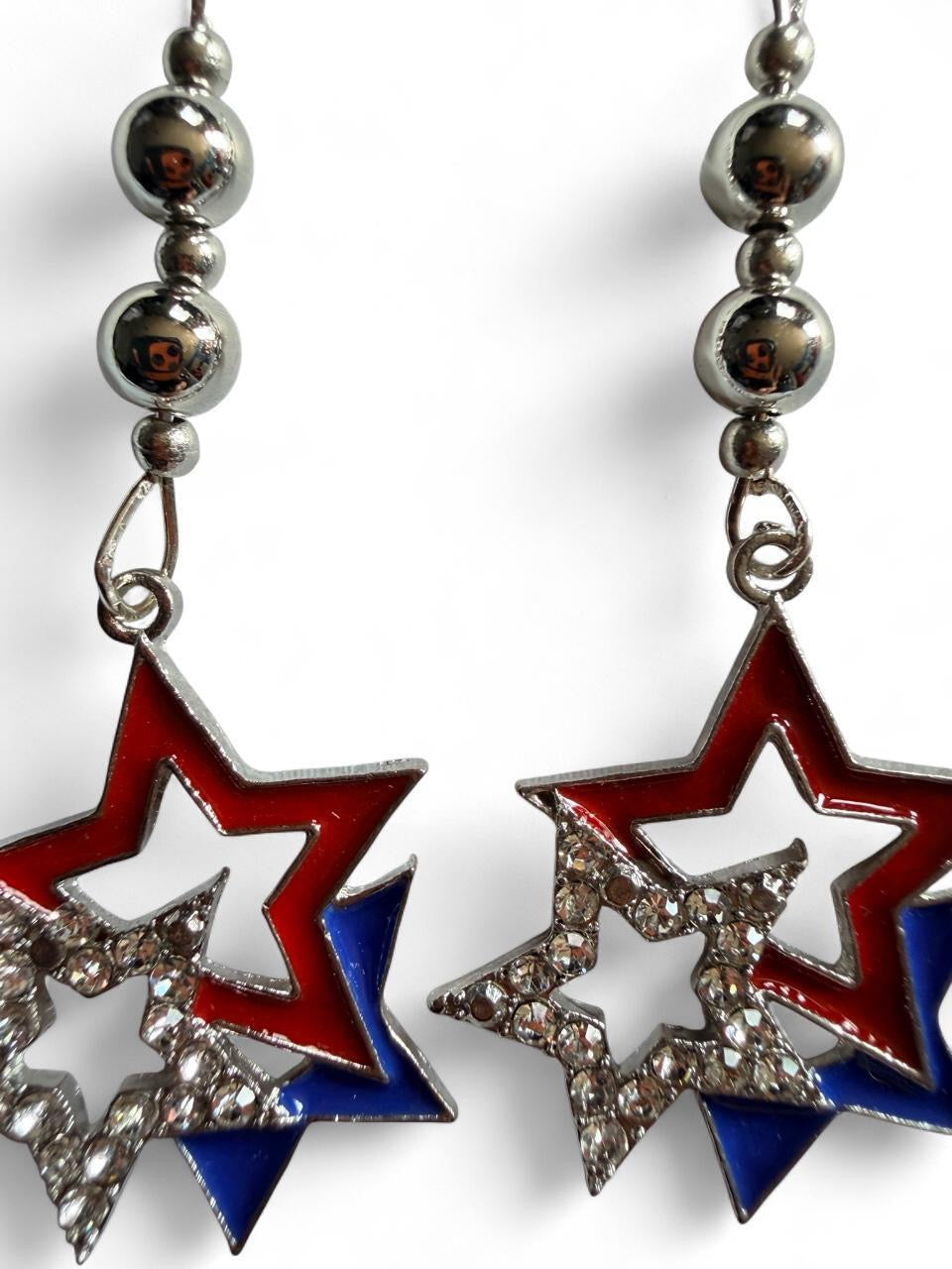 Handmade Patriotic Interlocking Rhinestone Star Earrings | Red White & Blue Statement Drops