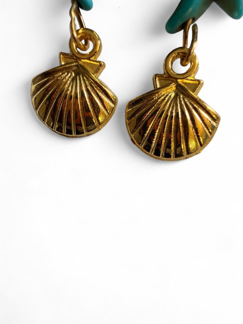 Handcrafted Turquoise Starfish & Shiny Gold Seashell Dangle Earrings