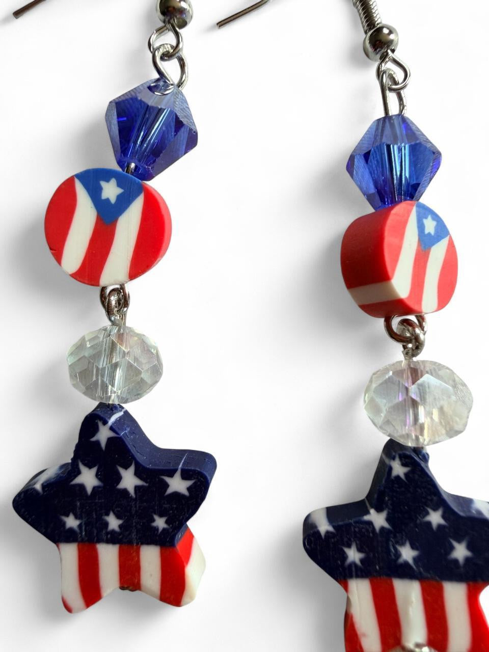 Handmade Patriotic Stacked American Flag Earrings | Tiered Red White & Blue Crystal Drops