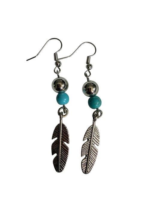 Harvest SOULS Turquoise Silver Feather Dangle Earrings