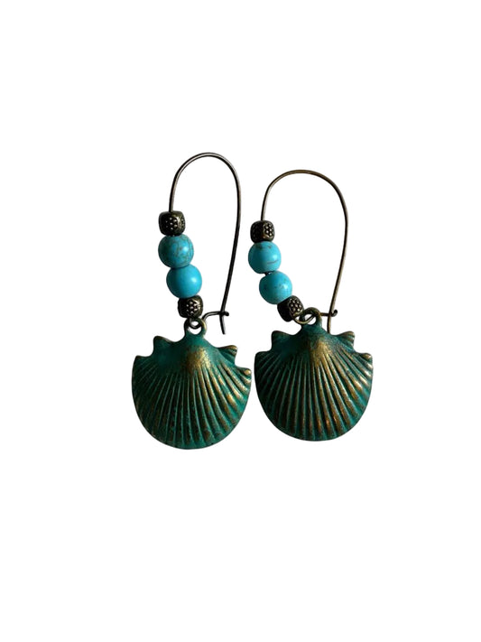 Handcrafted Verdigris Patina Seashell & Turquoise Beaded Hoop Dangle Earrings